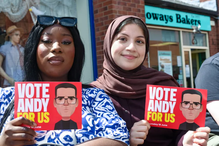 Sarata Sawo L and Alia Patel R activists with Young Labour in Ashton in Makerfield 1779787107